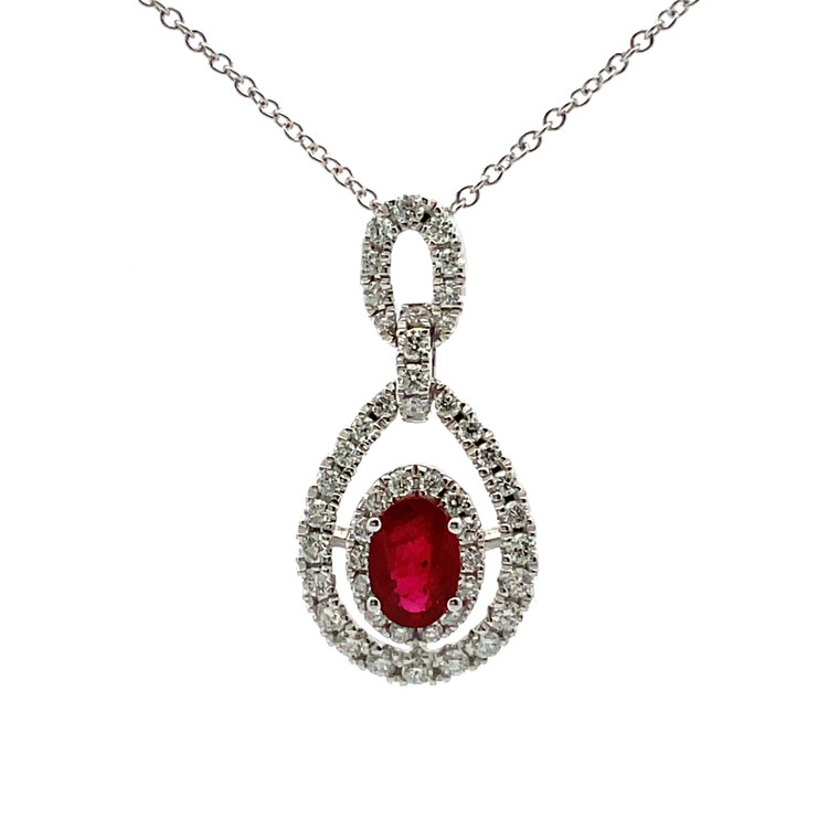 14K W Gold .56CT Ruby & 3/8TW Diamond Double Halo Necklace 18"