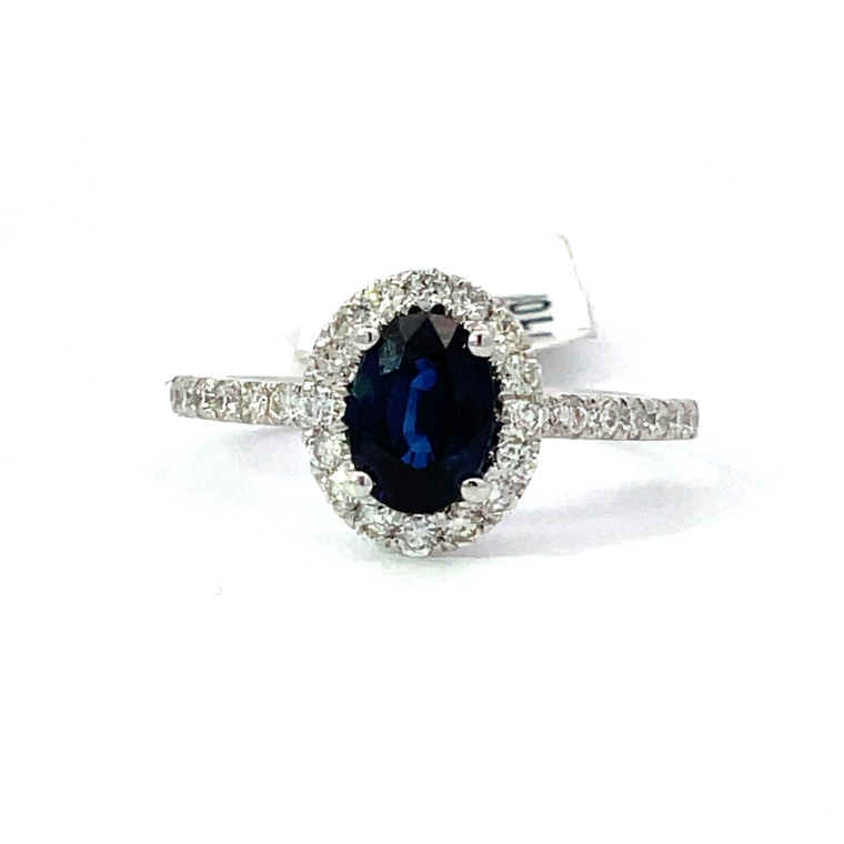 14K W Gold AP 1.09 CT Oval Sapphire AP .45 CTTW Diamonds Halo Ring Size 6.25