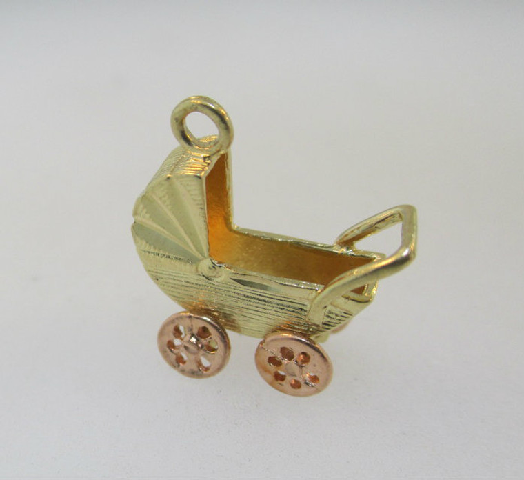 14k Yellow Gold Baby Stroller with Movable Rose Gold Wheels Pendant or Charm