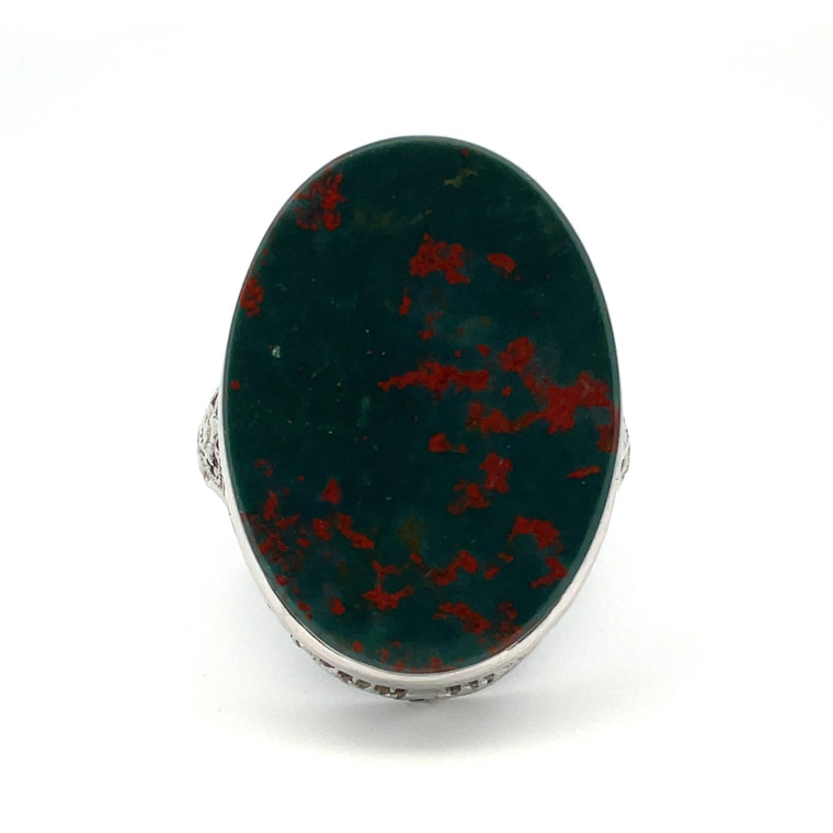 10K White Gold Oval Blood Stone Filigree Design Ring Size 4