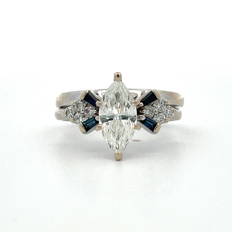 14K W Gold Diamond Marquise Cut AP 1.01 Ct With Sapphire Accents Engagement Ring Size 5.75