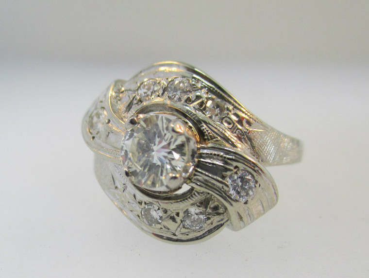 Vintage 1950-1960s 14k White Gold Era Bright Cut Approx .49ct Round Brilliant Cut Diamond Ring Size 5 *