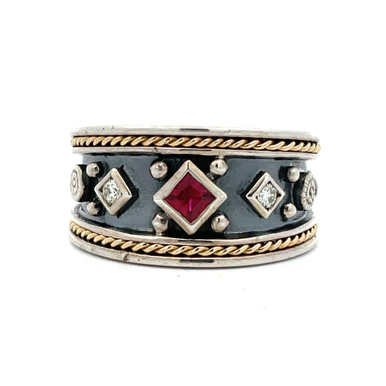 Fred Mak Sterling silver 18K accents Diamond/Red Stone Ring Size 6 3/4