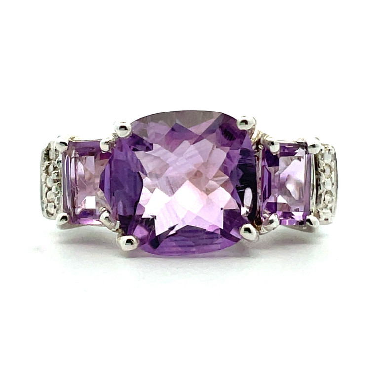 Sterling Silver Faceted Amethyst Three Stone Ring Sz 6