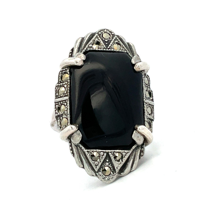 Sterling Silver Marcasite Emerald Cut Onyx Ring Size 6.75