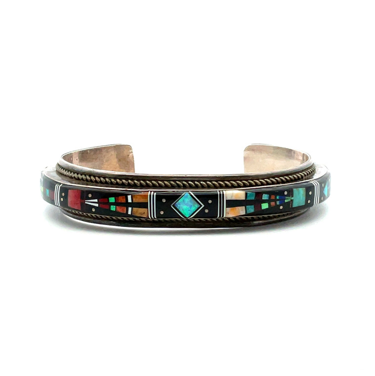 Sterling Silver Ray Jack Vintage Inlay Multi-Gemstones Cuff Bracelet Sterling Silver Ray Jack Vintage Inlay Multi-Gemstones Cuff Bracelet