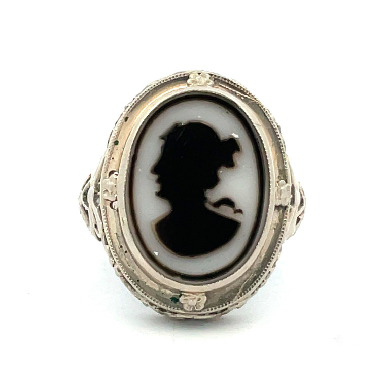 1920’s Era 14k White Gold Black and White Cameo with Filigree Accents Size 5 ¼