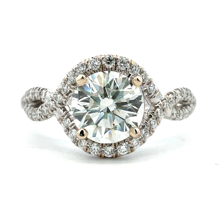 14K White Gold GIA Cert 1.53ct Round Brilliant Diamond Twisted Halo Engagement Ring Size 6.5