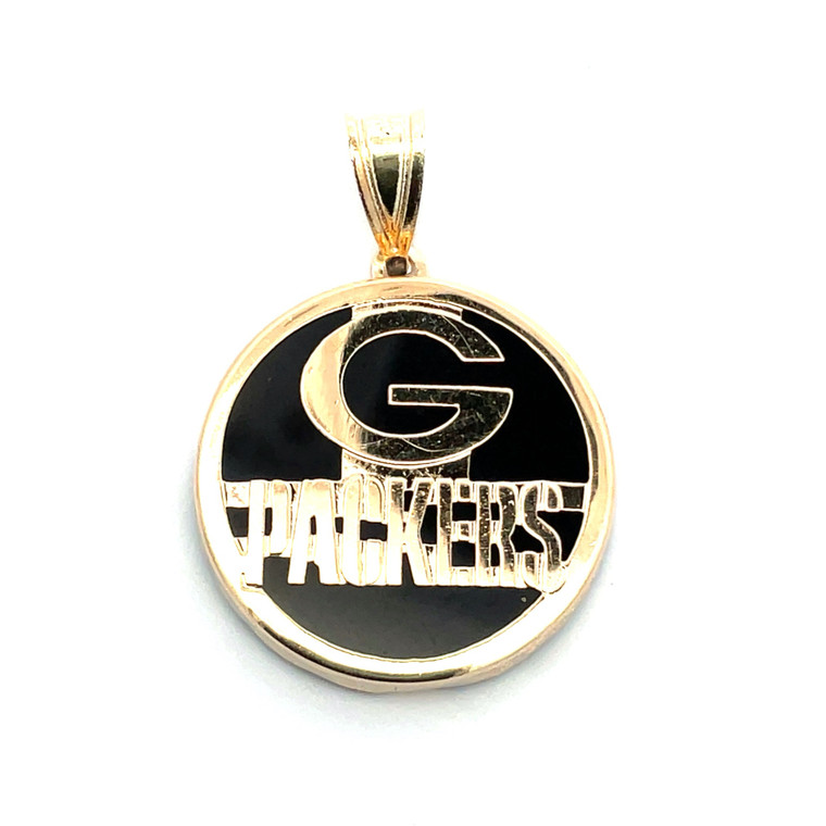 14K Yellow Gold Black Onyx Green Bay Packers Logo "G" Round Pendant