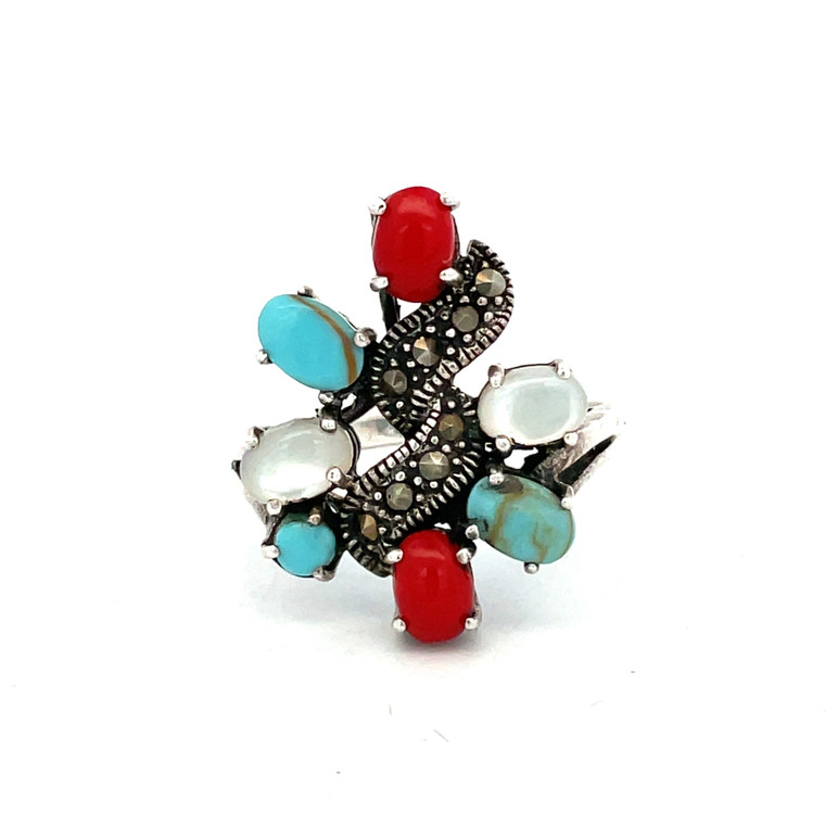 Sterling Silver Statement Ring with Red Coral Turquoise and Mother of Pearl Accented with Marcasite Size 10.5