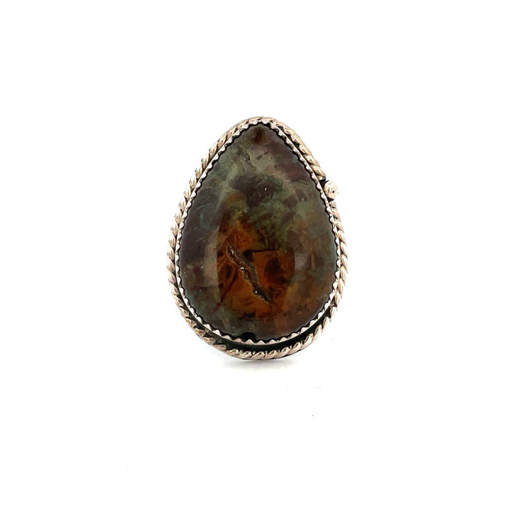 Sterling Silver Teardrop Brown Green Swirl Gemstone Statement Ring Size 7