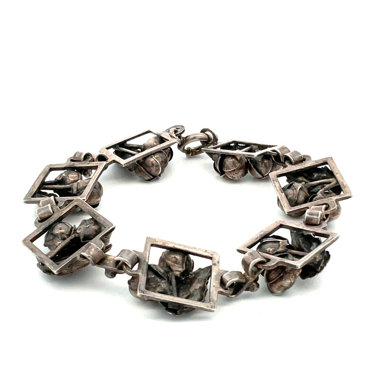 Vintage Sterling Silver Floral Linking Chain Bracelet