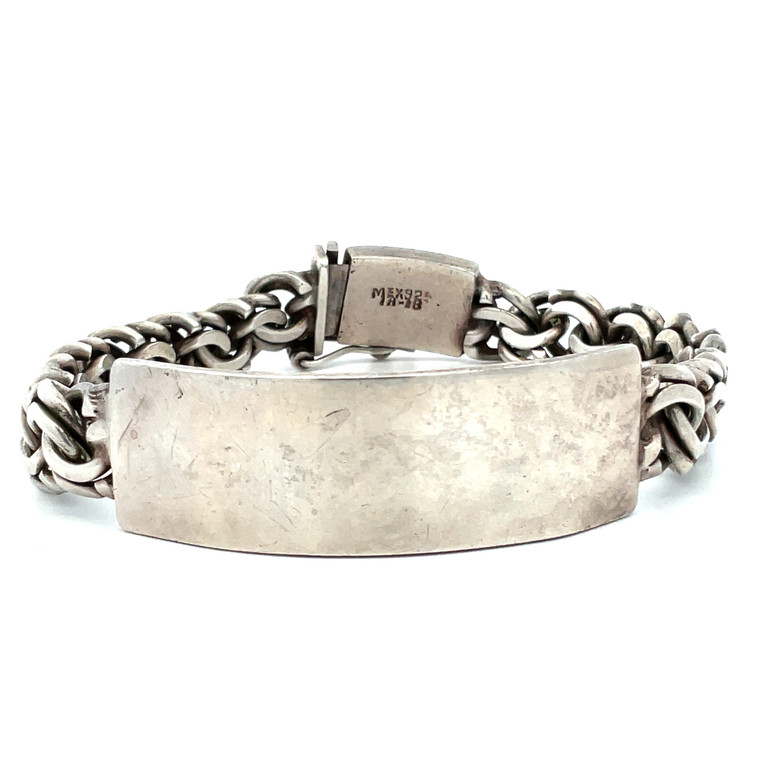 Vintage Mexico Sterling Silver Thick Bismarck with Flat Engravable Bar Linking Chain Bracelet