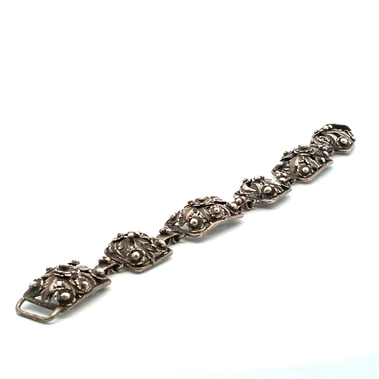 Vintage Sterling Silver Panel Bracelet w/ Raised Botanical Design
