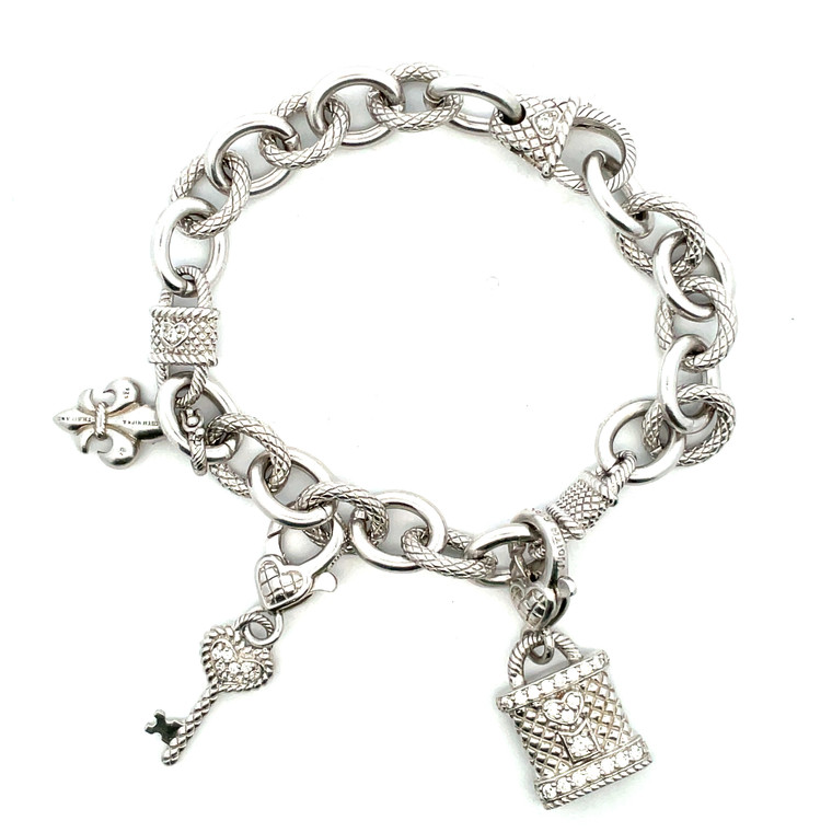 Judith Ripka Sterling Silver Charm Bracelet with Pave CZ Charms-Key, Heart, & Fleur De Lis