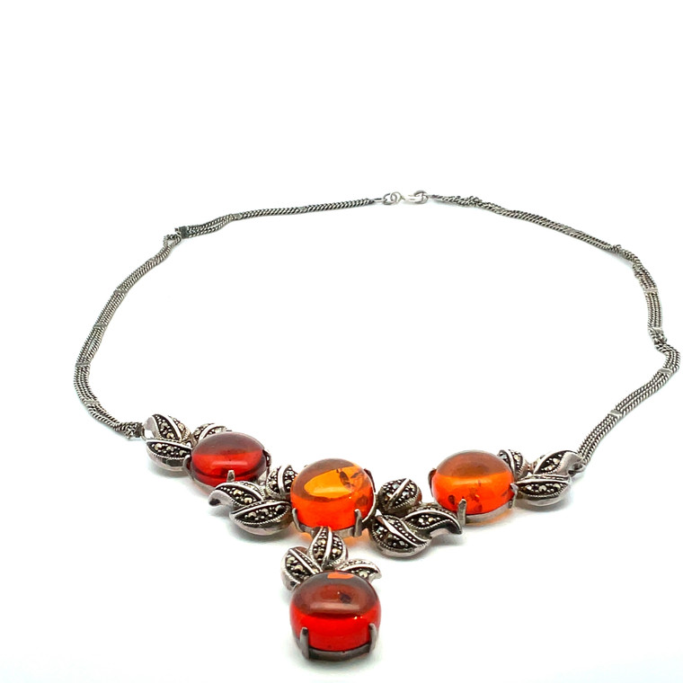 Sterling Silver Vintage Amber Leaf Marcasite Necklace 18"