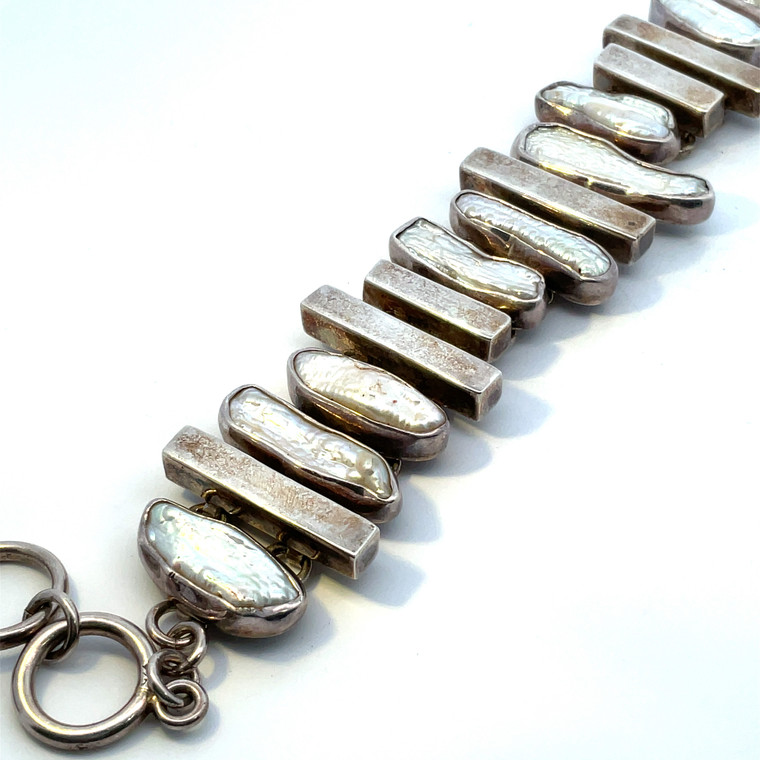 Sterling Silver Chunky Modernist Baroque Pearl Toggle Bracelet
