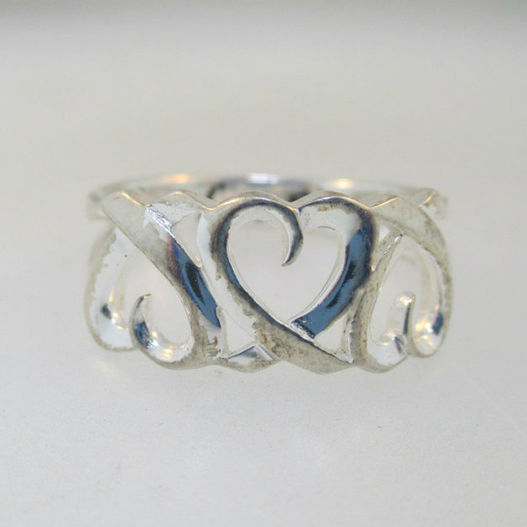 Sterling Silver Three Heart Engraved Love Ring Size 7.75