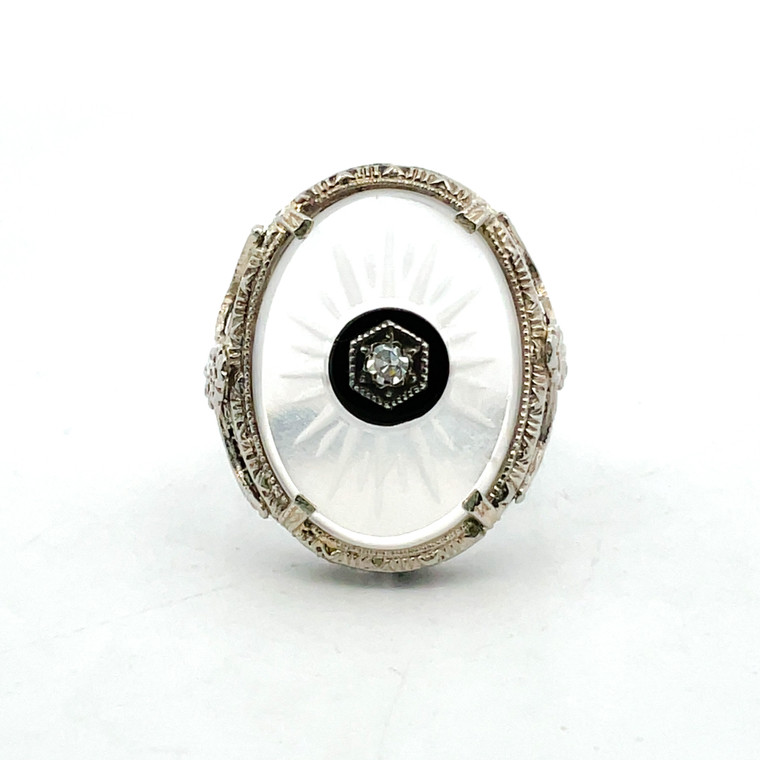 14K W Gold Camphor Glass and Diamond Ring Size 6