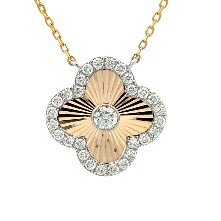 14K Two Tone Clover Design Diamond Necklace 16"