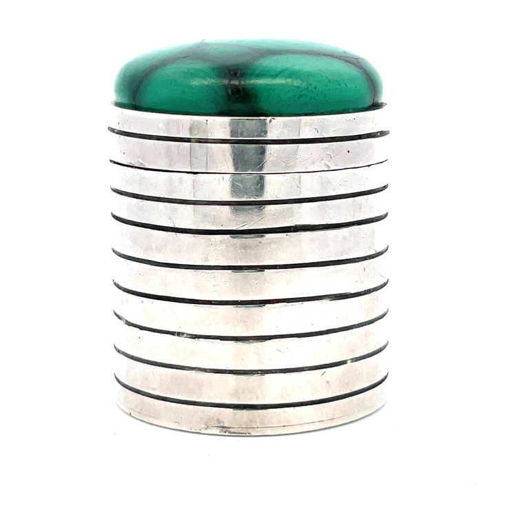 Sterling Silver Mexico Malachite Topped Cylinder Pill Container