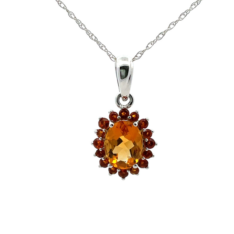 14K White Gold Citrine with Halo Mandarin Garnet Necklace 18"