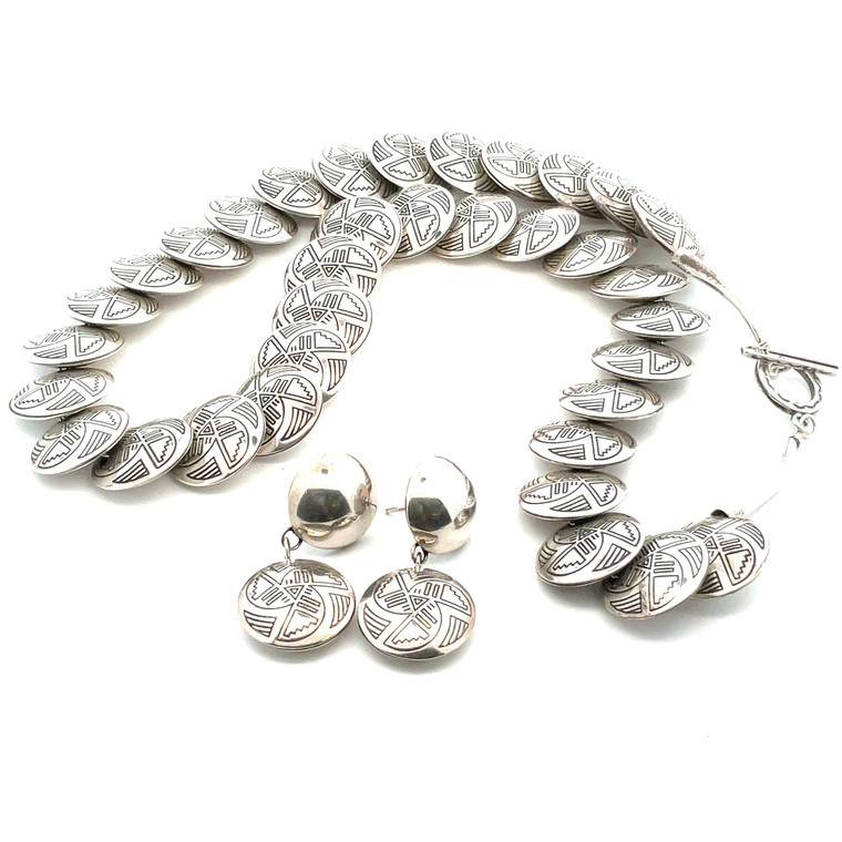 Southwest Sterling Silver Circular Basket Beach Concho Stud Earrings and Necklace Set