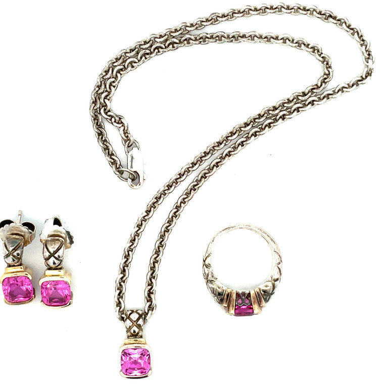 Sterling Silver and 18K Gold Accented Lorenzo Pink Spinel Square Stud Earrings, Necklace, and Ring Size 6.5 Set