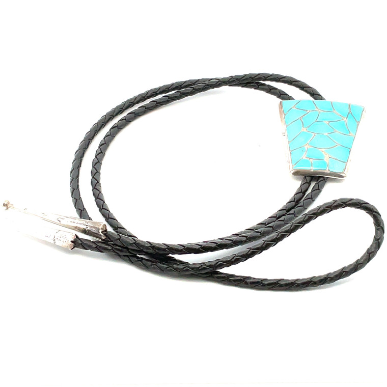 Vintage Native American STM Signed Sterling Silver Turquoise Inlay Upside Down Isosceles Trapezoid Bolo Tie