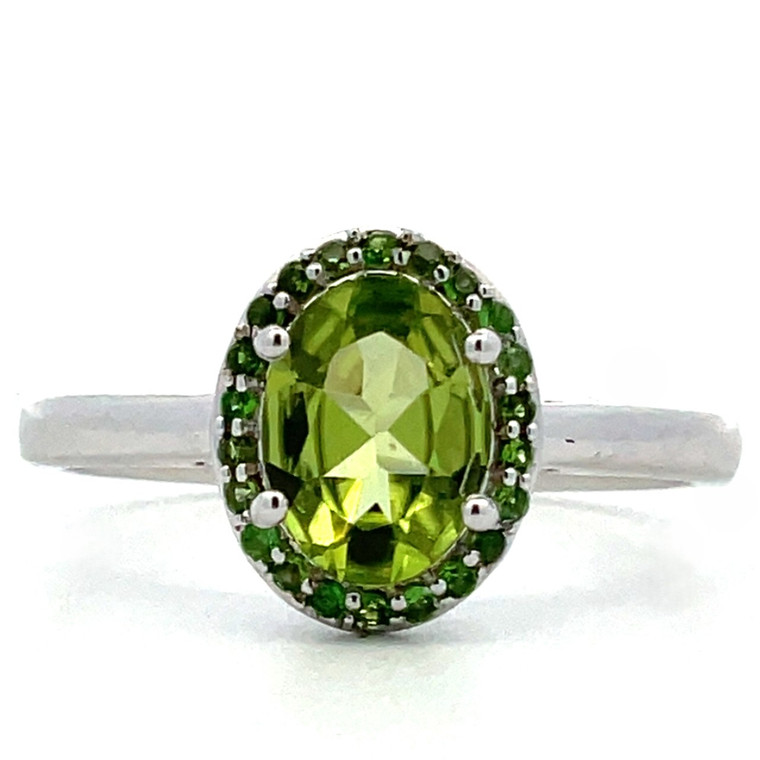 14k White Gold 1.04 CD.PD Accented Oval Peridot Ring Size 7