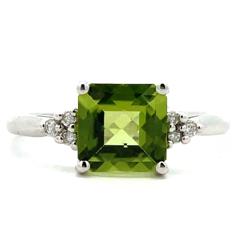 14k White Gold Approx. .02 Diamond Accented Square Peridot Ring Size 7