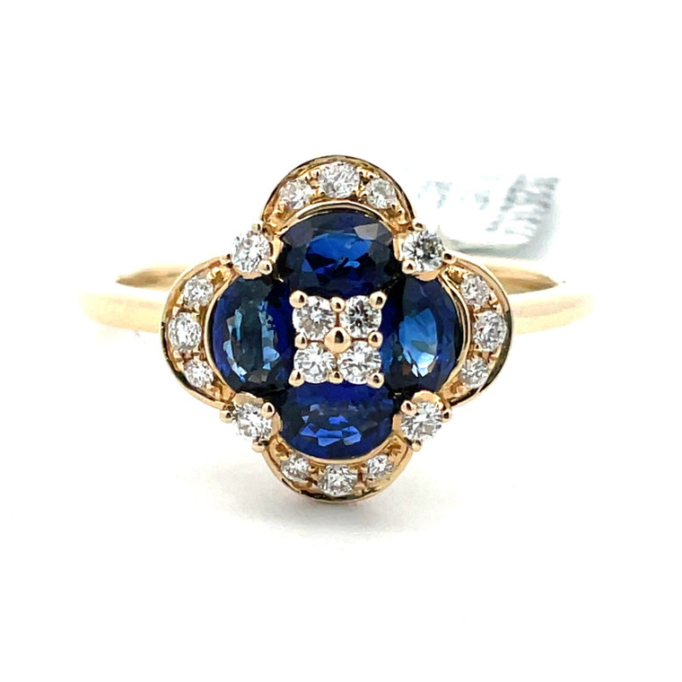 14K Yellow Gold .95cttw Sapphire with 1/5cttw Diamond Halo Clover Ring Size 6.5