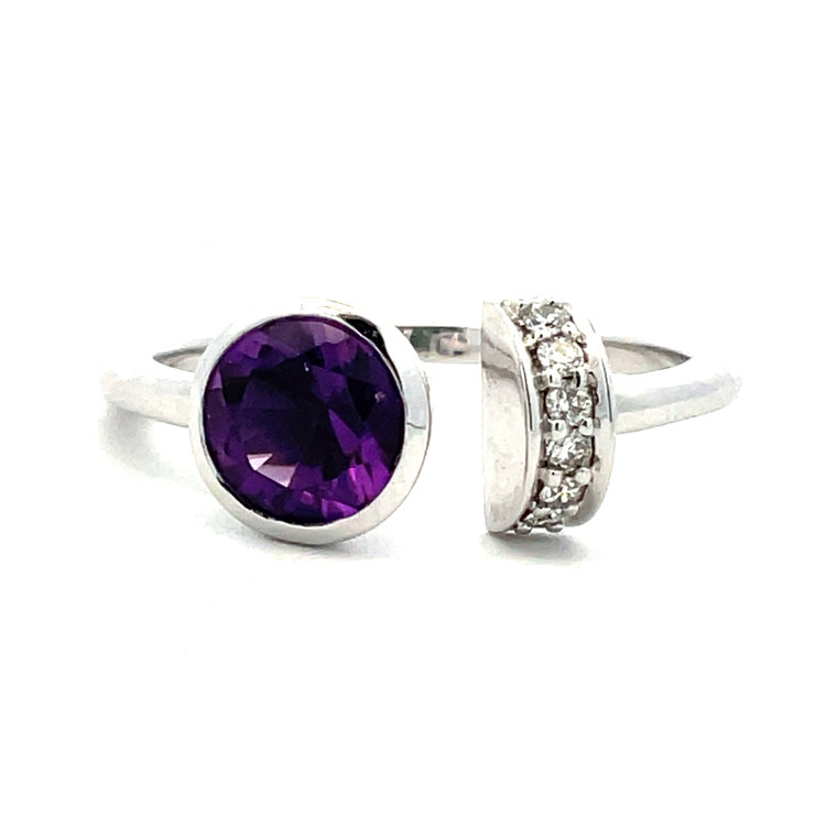 14K White Gold Round .77ct Amethyst with 0.04cttw Diamonds Open Ring Size 6.75