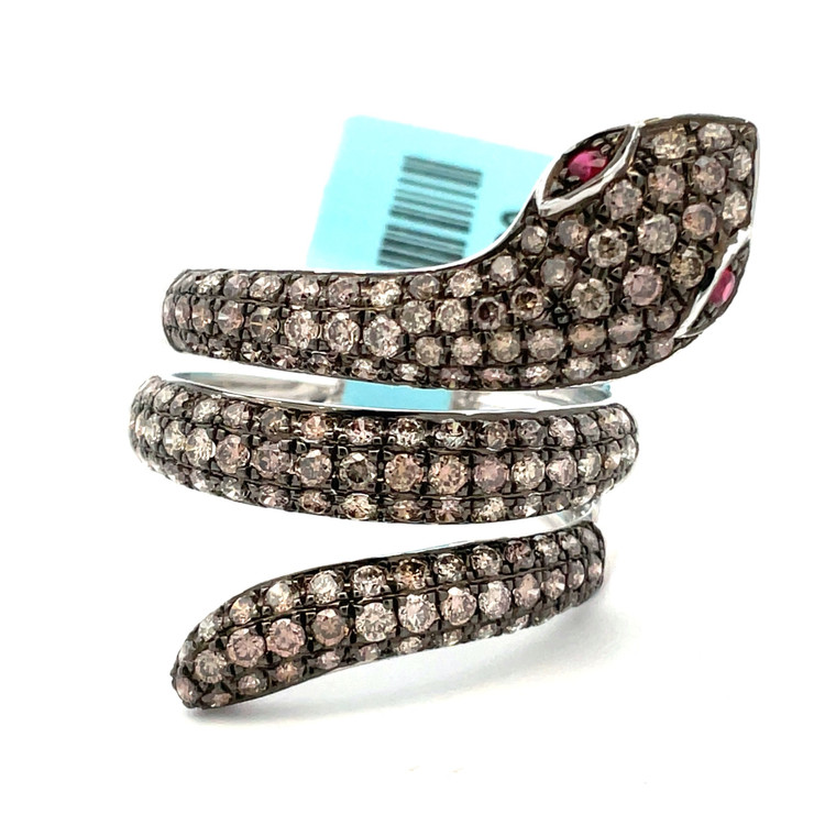 18K White Gold Snake With 1 3/8cttw Brown Champaign Diamonds and 0.04cttw Rubies Ring Size 6.75