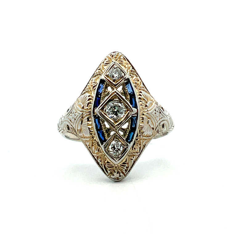 18K Two Toned Gold Art Deco Filigree Diamond and Sapphire Ring Size 6.5