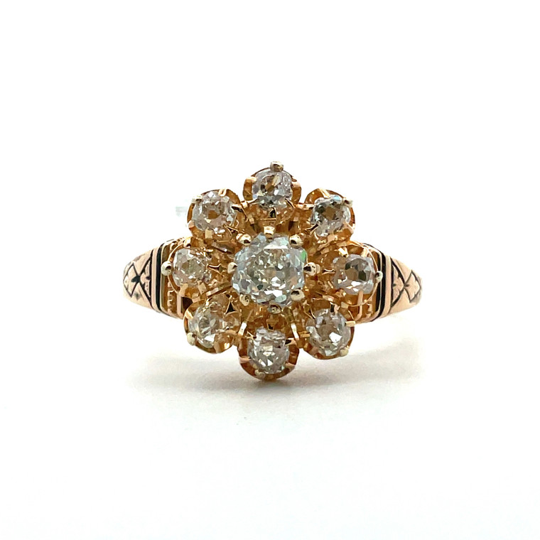 18K Yellow Gold Victorian Style 1.0ct Diamond Flower Ring Size 8