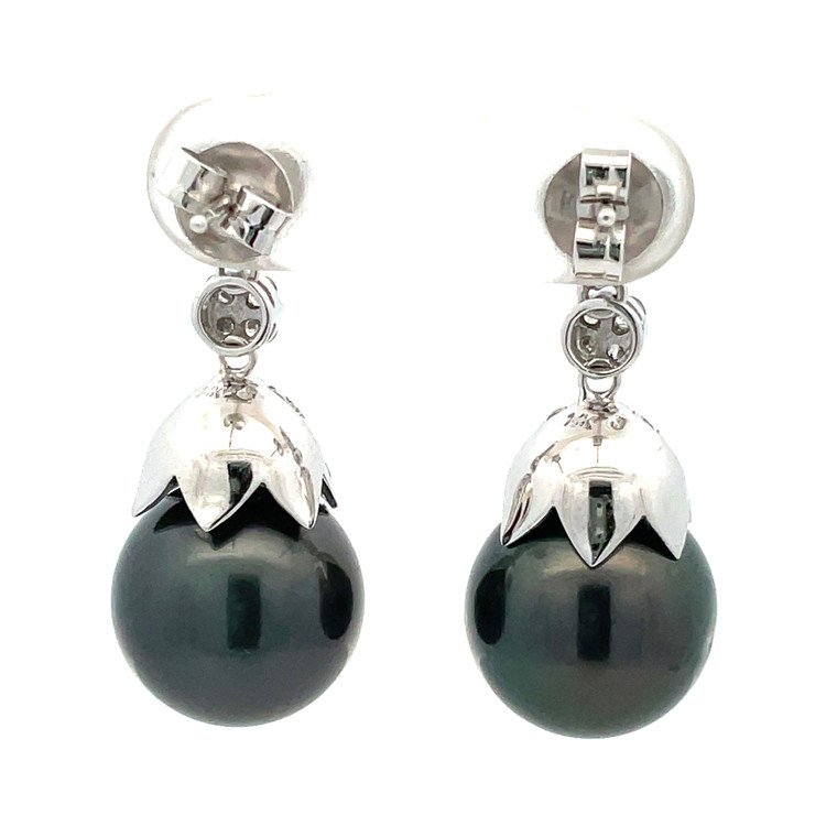 14K White Gold Approx 12 mm Pearl With Diamond Accents Heart Flower Dangle Earrings