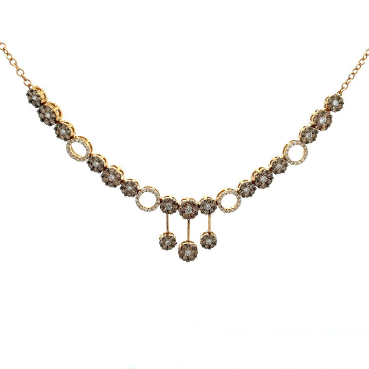 14K Yellow Gold Approx. 1 cttw Diamond Flowers and Circles Fixed Pendant Necklace 17"