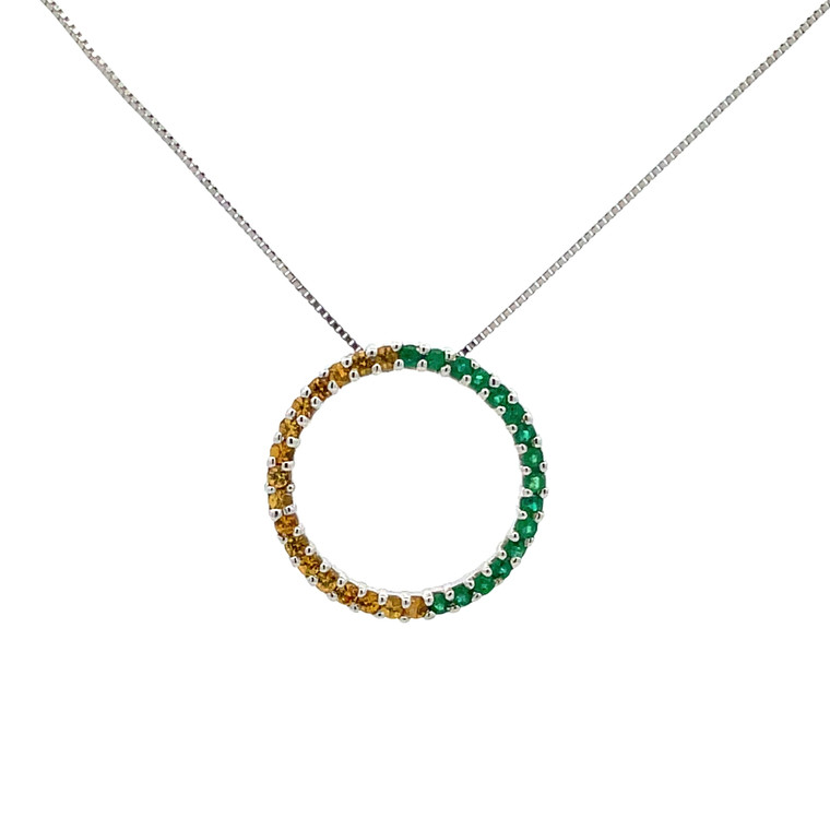 14K White Gold Yellow Topaz and Emerald Packer Colors Circle Pendant Necklace 16.5"