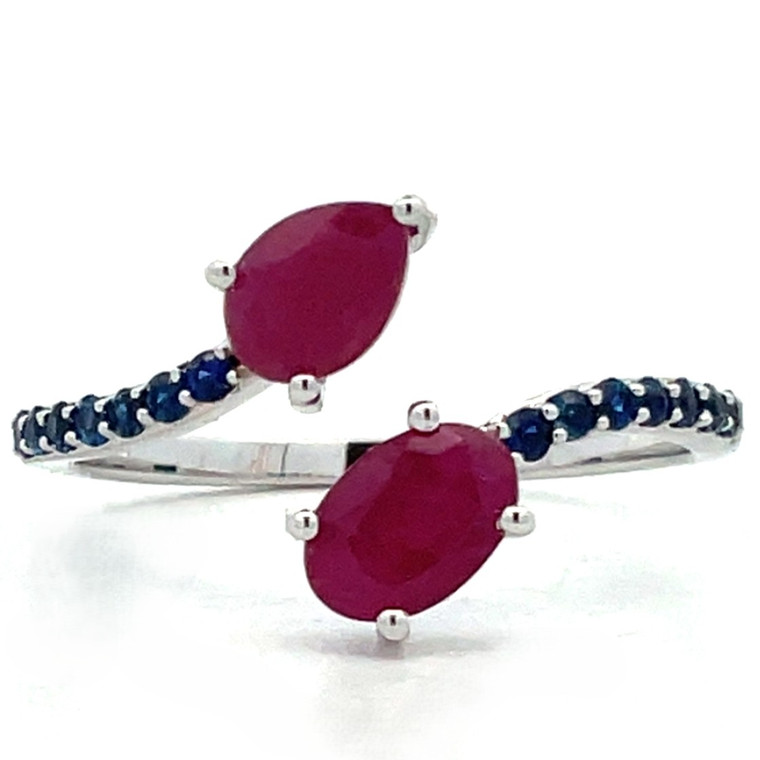 14K White Gold Sapphire Accented Oval and Pear Ruby Wrap Around Ring Approx. Size 7.25