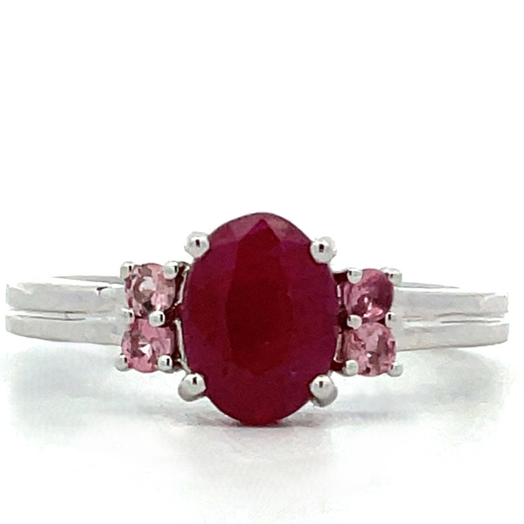 14K White Gold Pink Tourmaline Accented Oval Ruby Ring Size 7