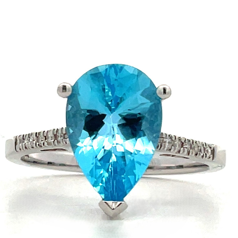 14K White Gold Approx. .05 Diamond Accented Pear Blue Topaz Ring Size 7