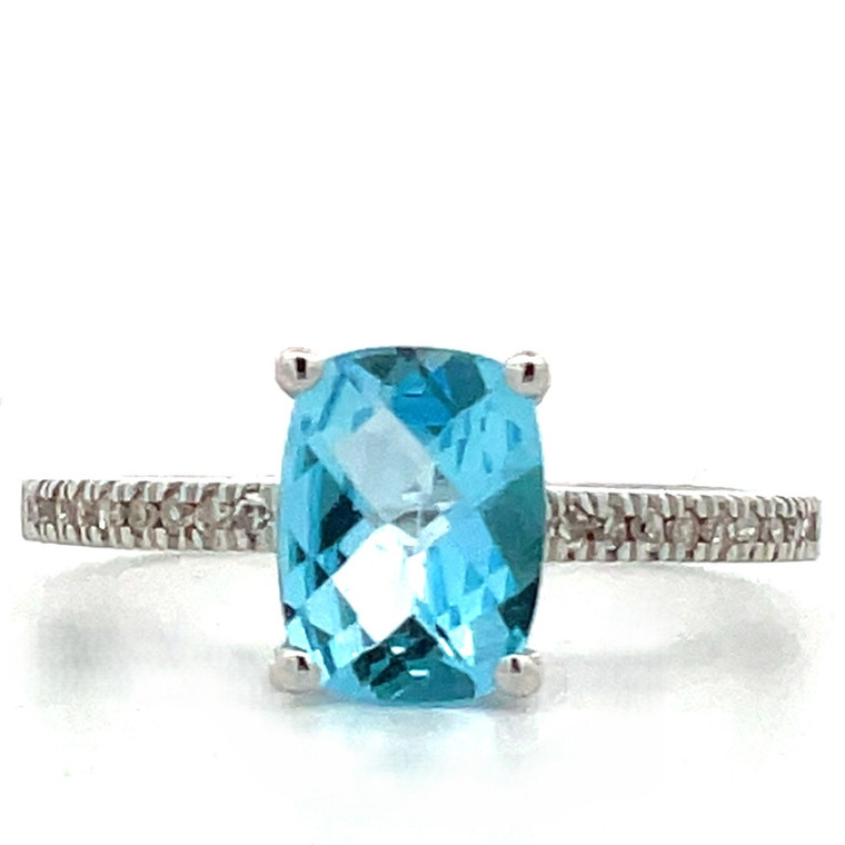 10K White Gold Approx. .08 Diamond Accented Rectangle Blue Topaz Ring Size 6.75