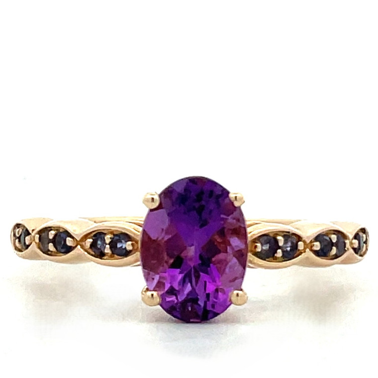 14K Gold Iolite Accented Oval Amethyst Ring Size 7.25