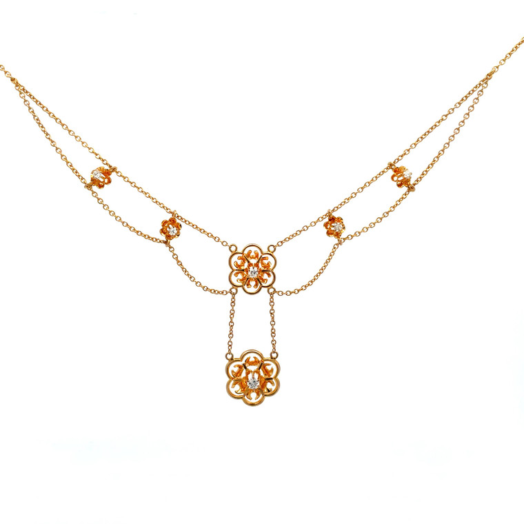 10K Yellow Gold Vintage Circa 1930s Diamonds Flower Necklace 16"
