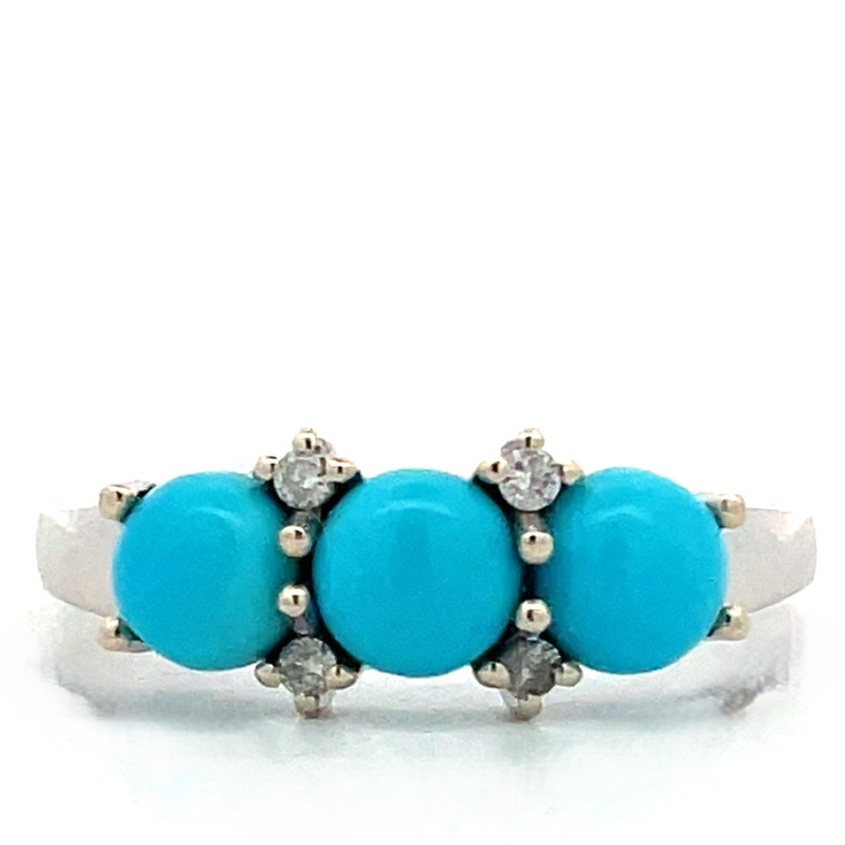 14K White Gold Approx. .06 TDW Diamond Accented 3 Circle Turquoise Ring Size 7
