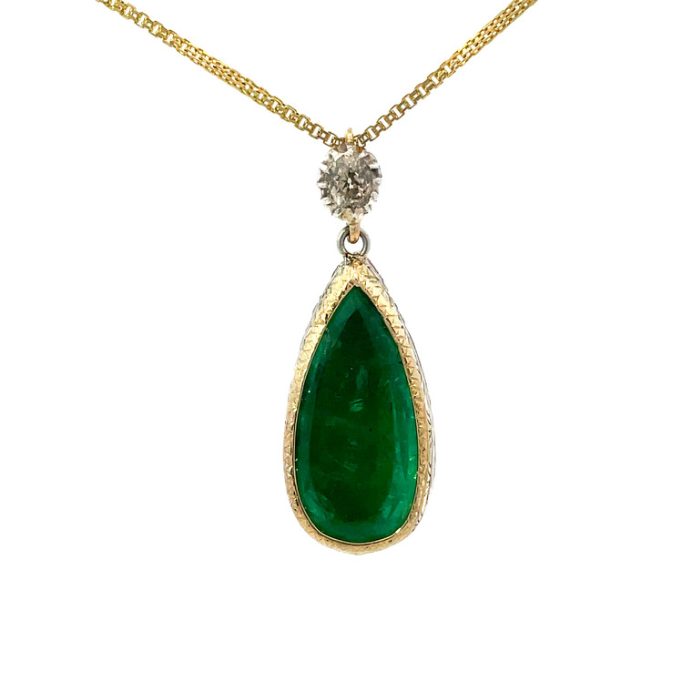14K Two Toned Gold Vintage 6ct Emerald with .50ct Diamond Accent Necklace 20"