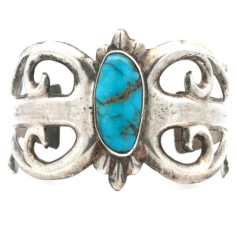 Vintage Navajo Sandcast Sterling Silver Turquoise Cuff Bracelet