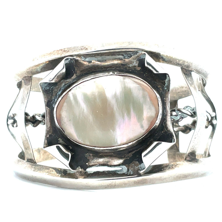 Vintage Artisian Sterling Silver and Mother of Pearl Cuff Bracelet
