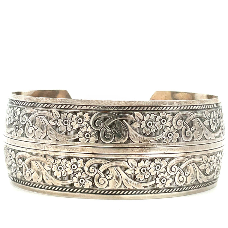 Danecraft Vintage Double Row of Engraved Curved Floral Vine Sterling Silver Cuff Bracelet